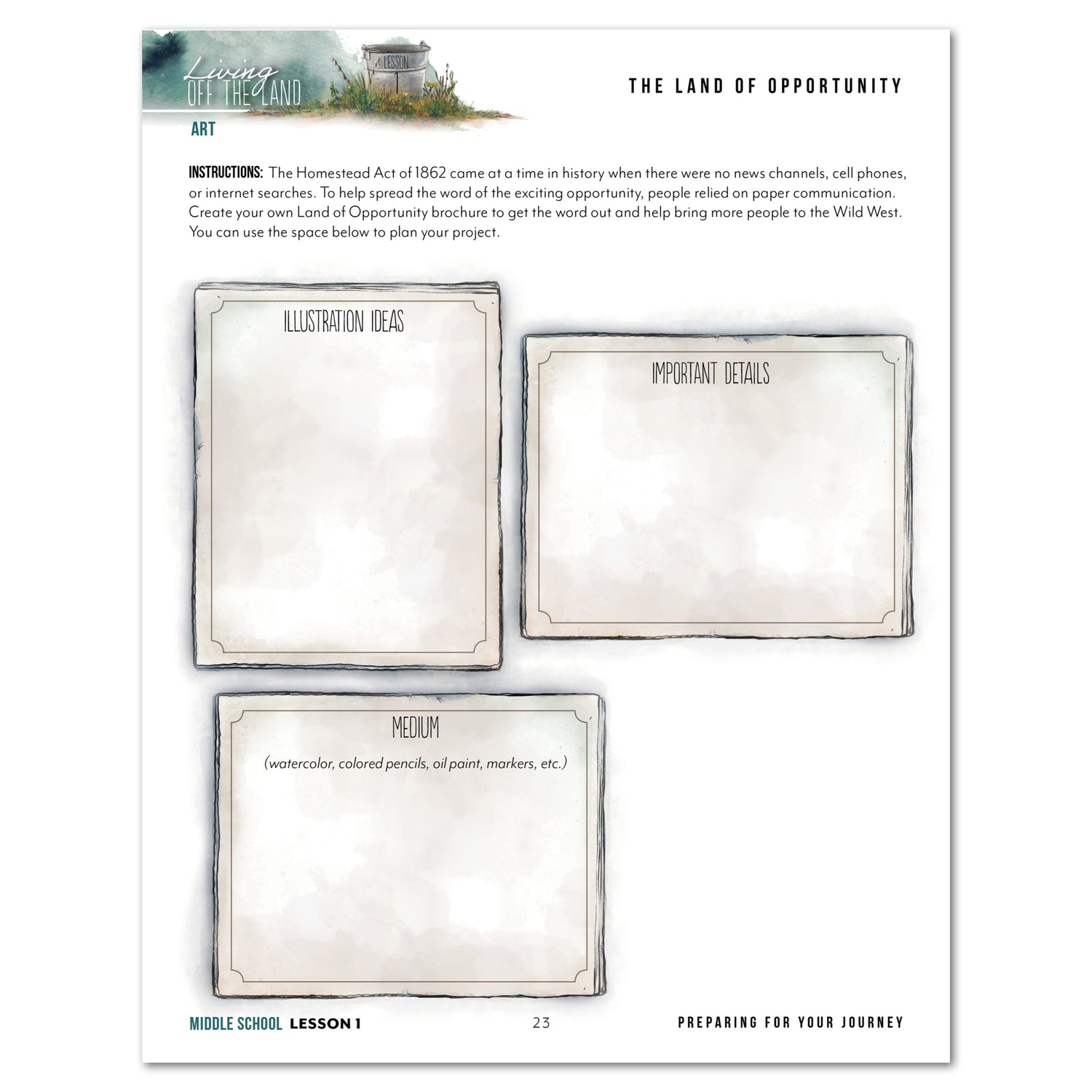 Living Off the Land homeschool unit study Middle School student printed notebook lesson one