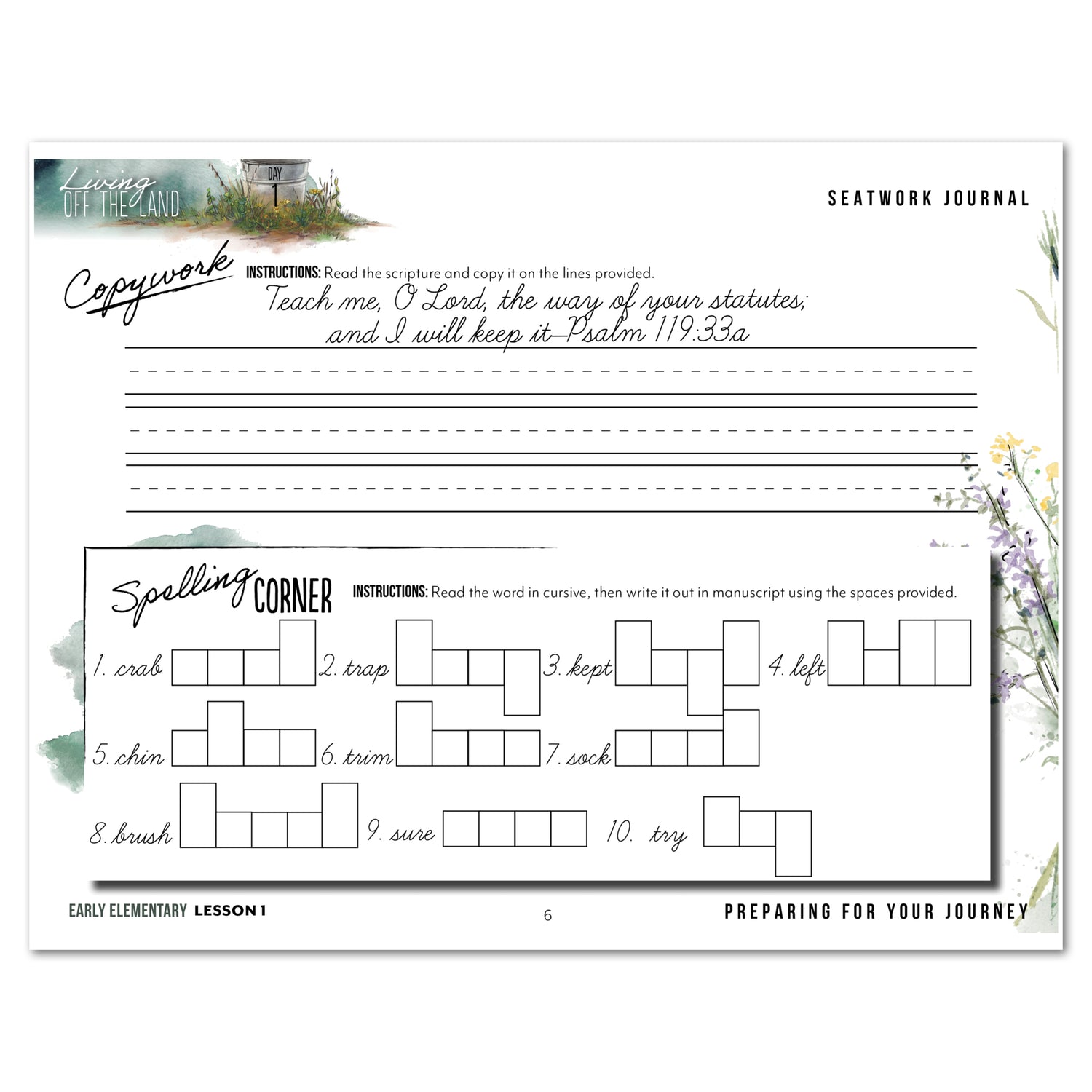 Living Off the Land homeschool unit seatwork journal digital Early Elementary student notebook in cursive lesson one