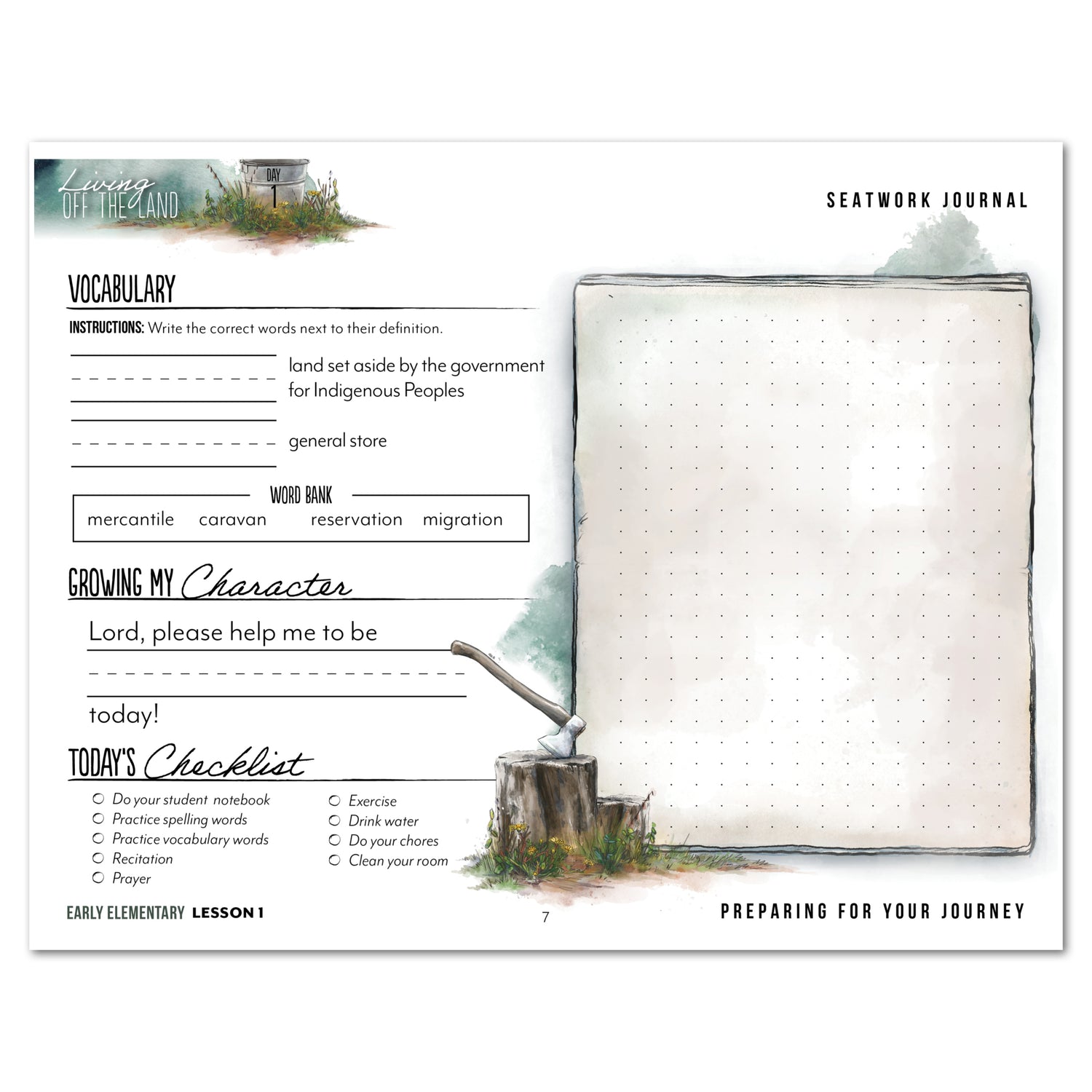 Living Off the Land homeschool unit seatwork journal digital Early Elementary student notebook in manuscript lesson one