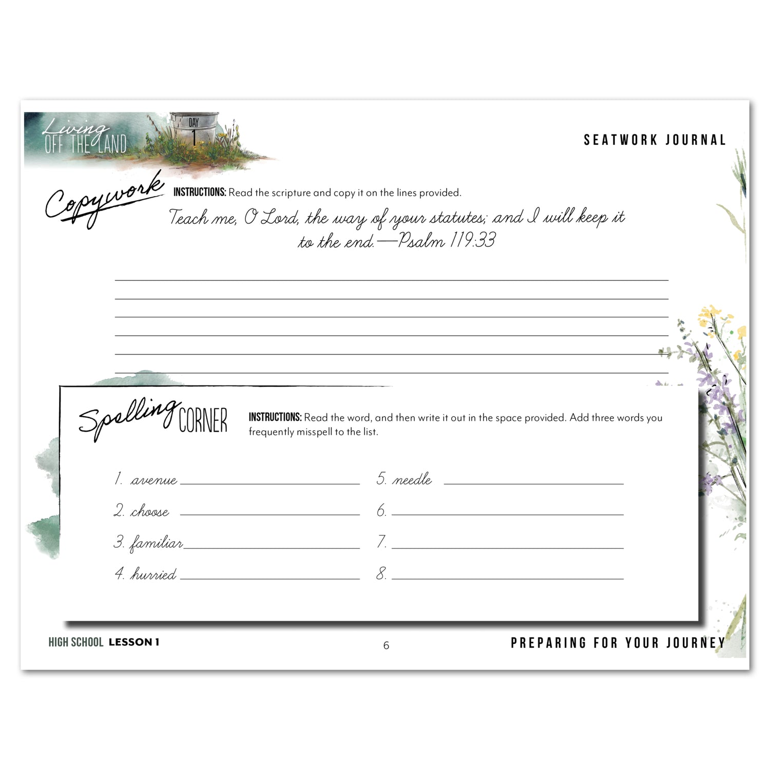 Living Off the Land homeschool unit seatwork journal print High School  student notebook in cursive lesson one