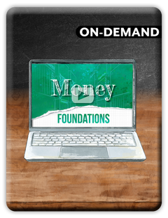 A laptop graphic with the words 'ON-DEMAND' at the top and 'Money Foundations' on the screen, set over a wood-grain background with a dark textured upper area.