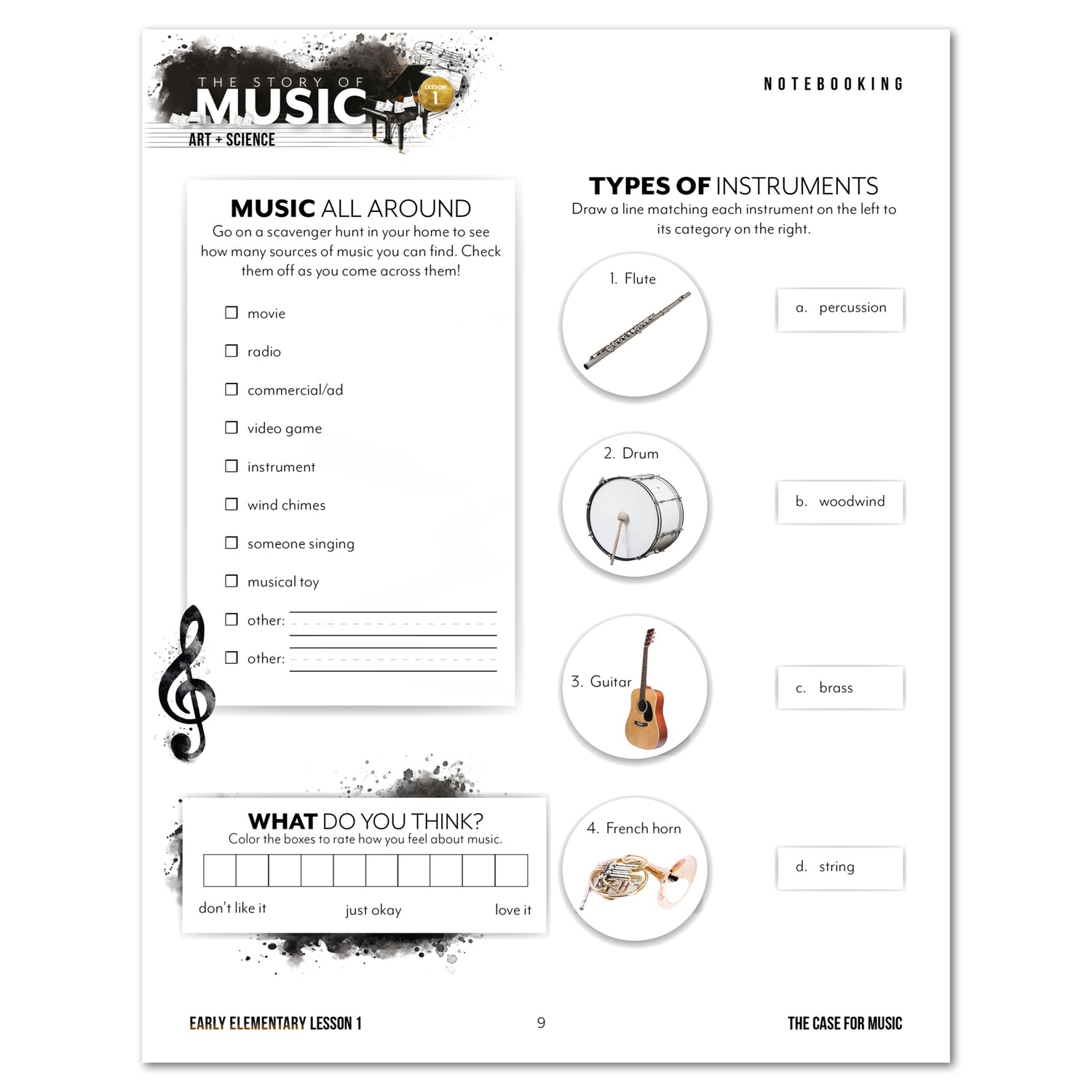 Music homeschool unit study print student workbook for Early Elementary lesson one 