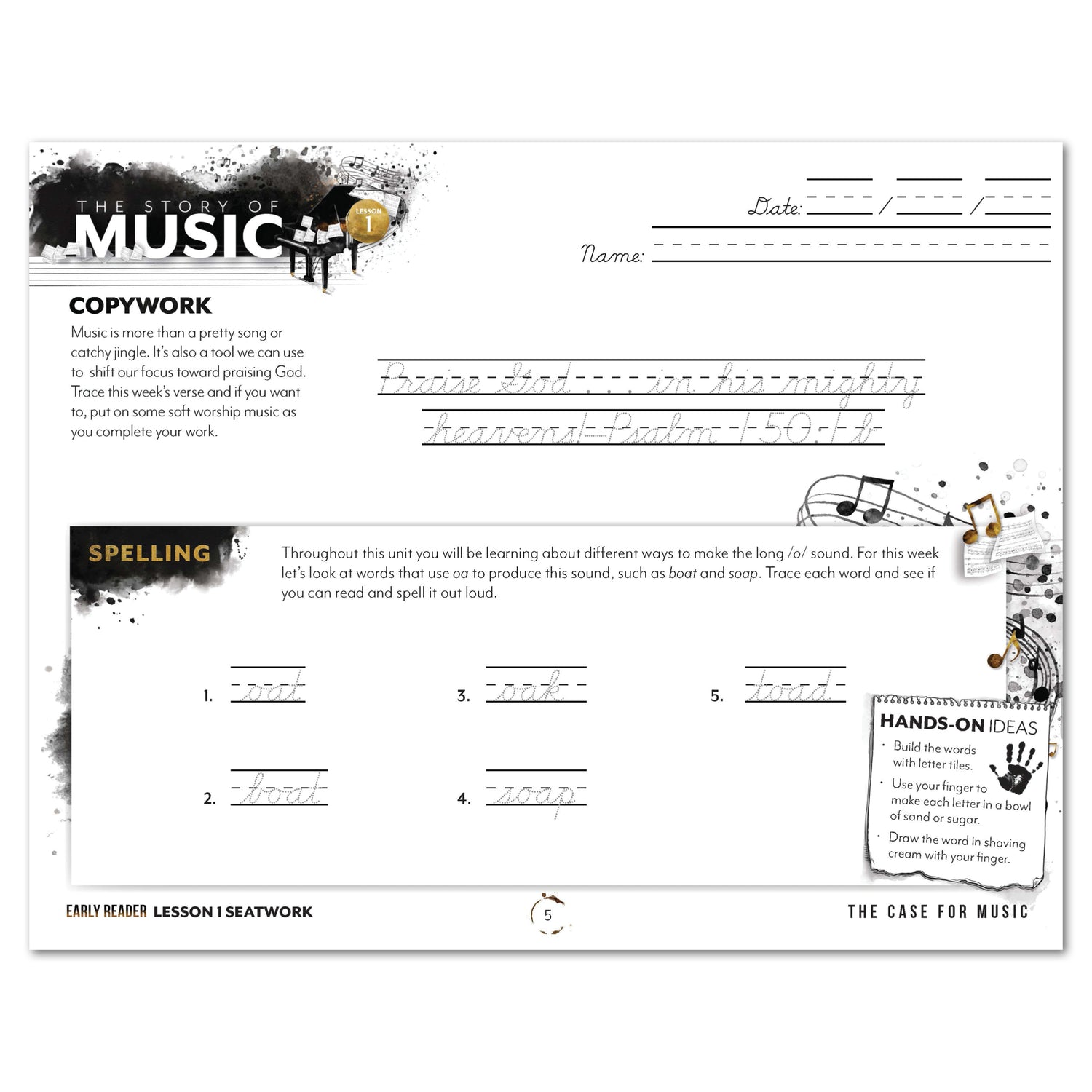 Music homeschool unit study print student seatwork journal in cursive for Early Reader lesson one