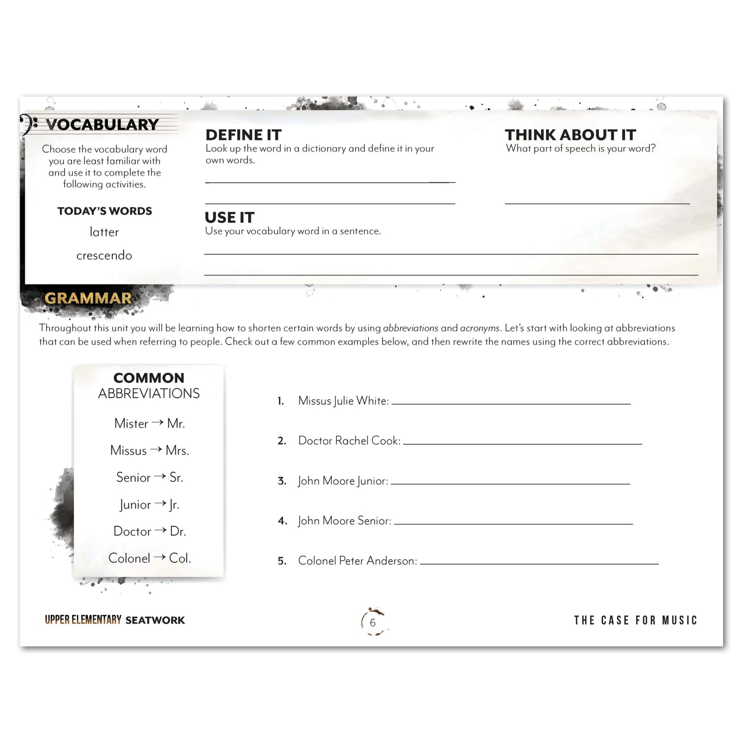 Music homeschool unit study print student seatwork journal in manuscript for Upper Elementary lesson one 
