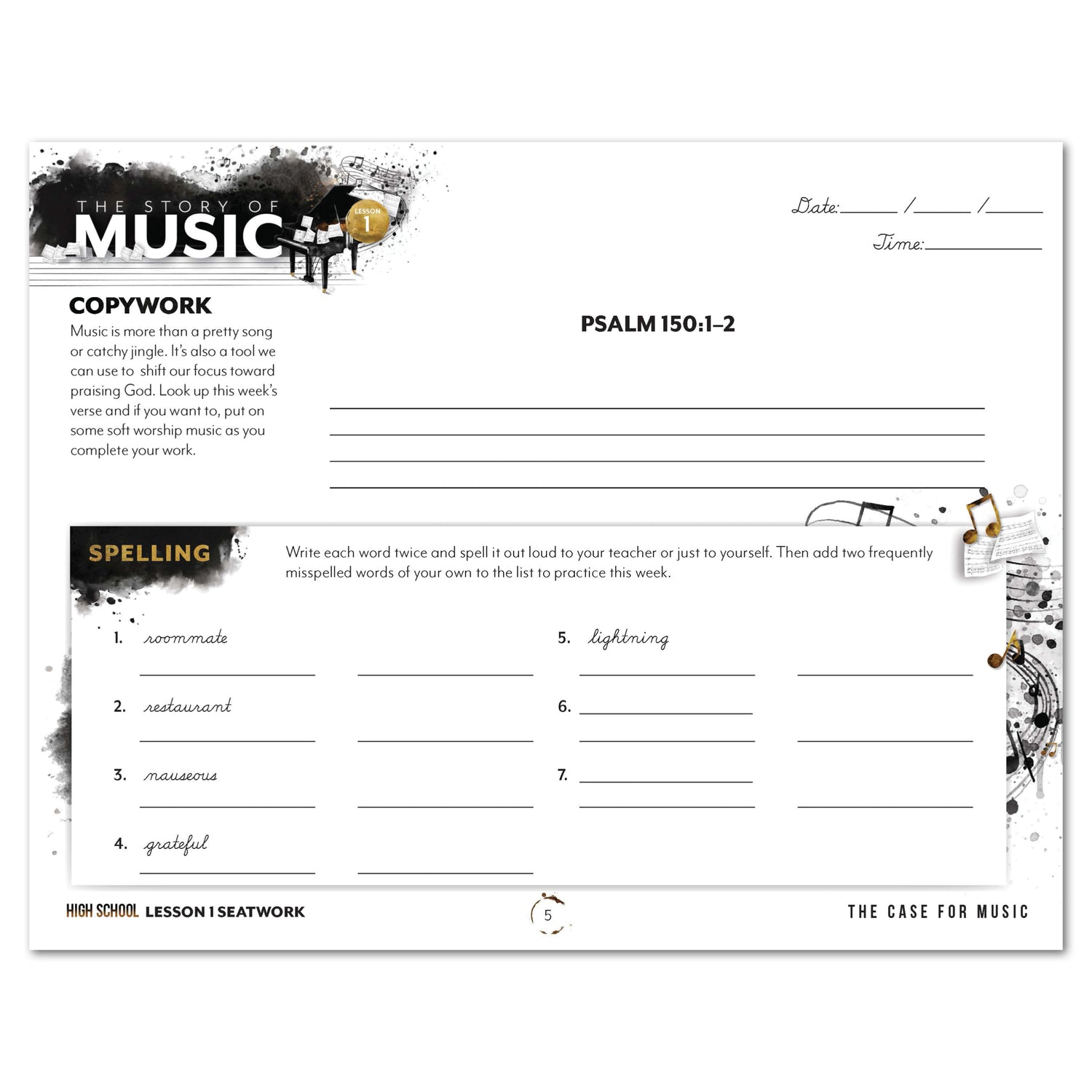 Music homeschool unit study print student seatwork journal in cursive for high school lesson one