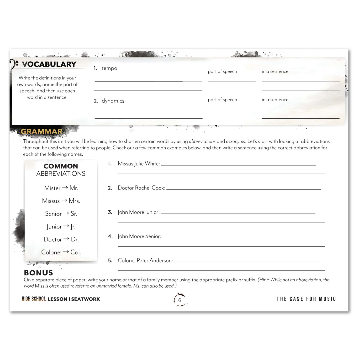 Music homeschool unit study digital student seatwork journal in manuscript for high school lesson one