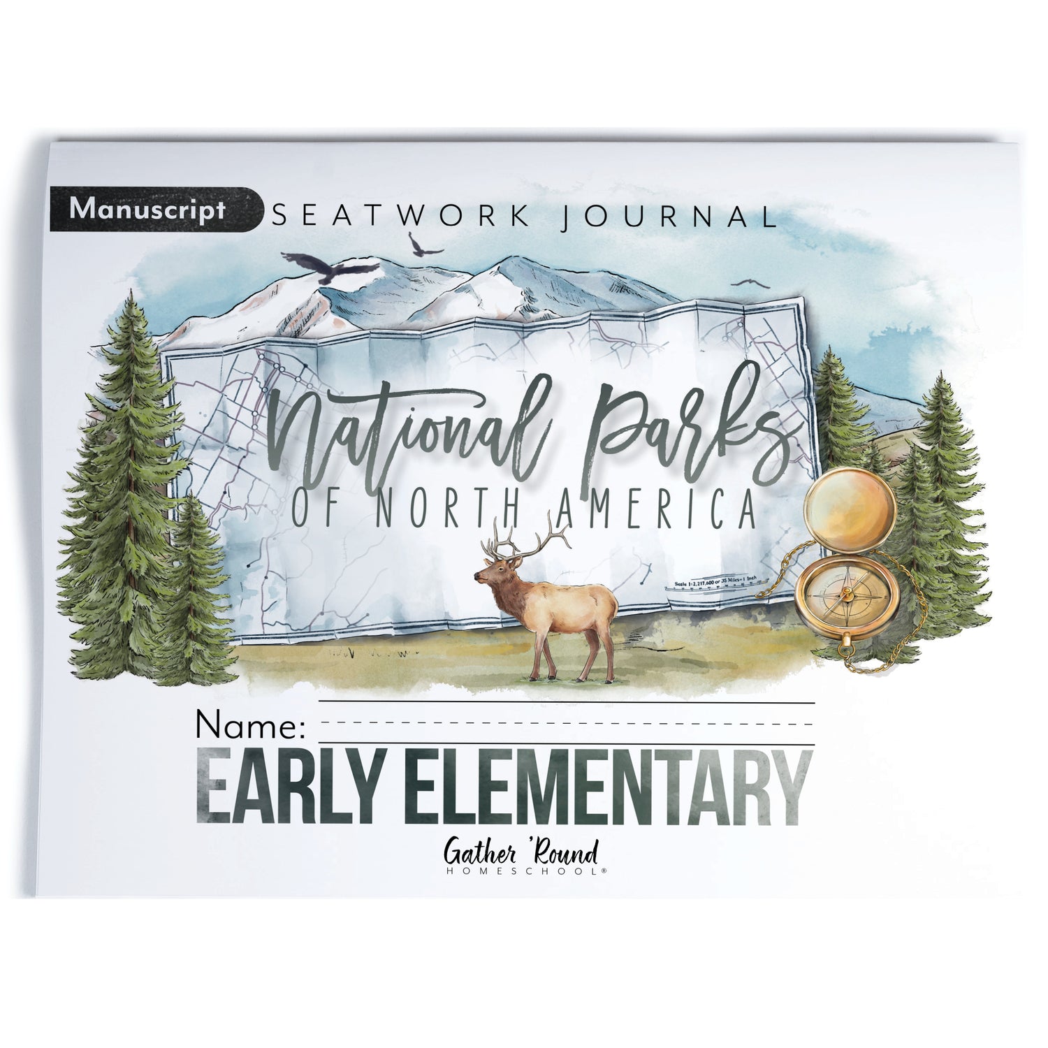 National Parks of North America homeschool unit study printed student seatwork journal in manuscript for Early Elementary