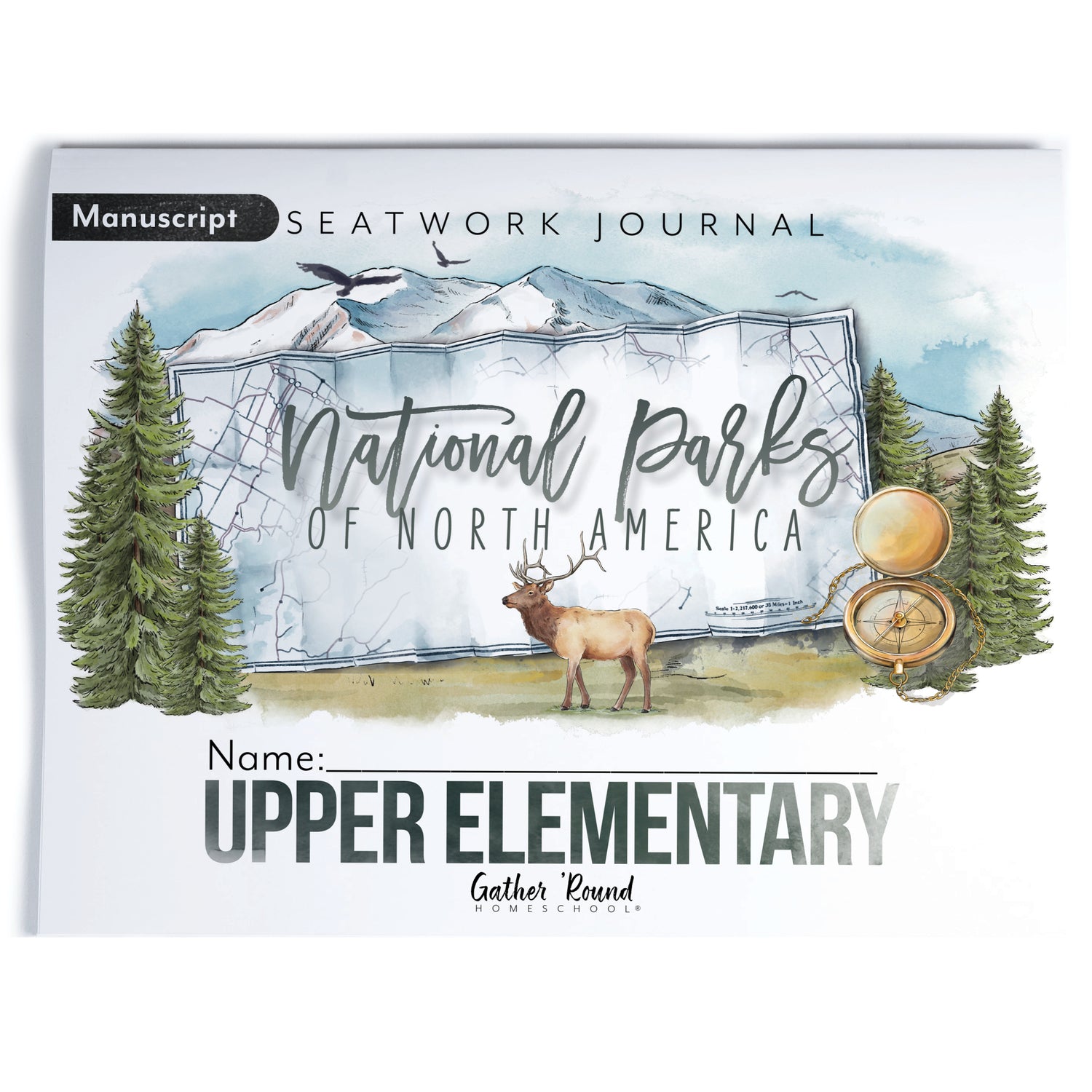 National Parks of North America homeschool unit study printed student seatwork journal in manuscript for Upper Elementary