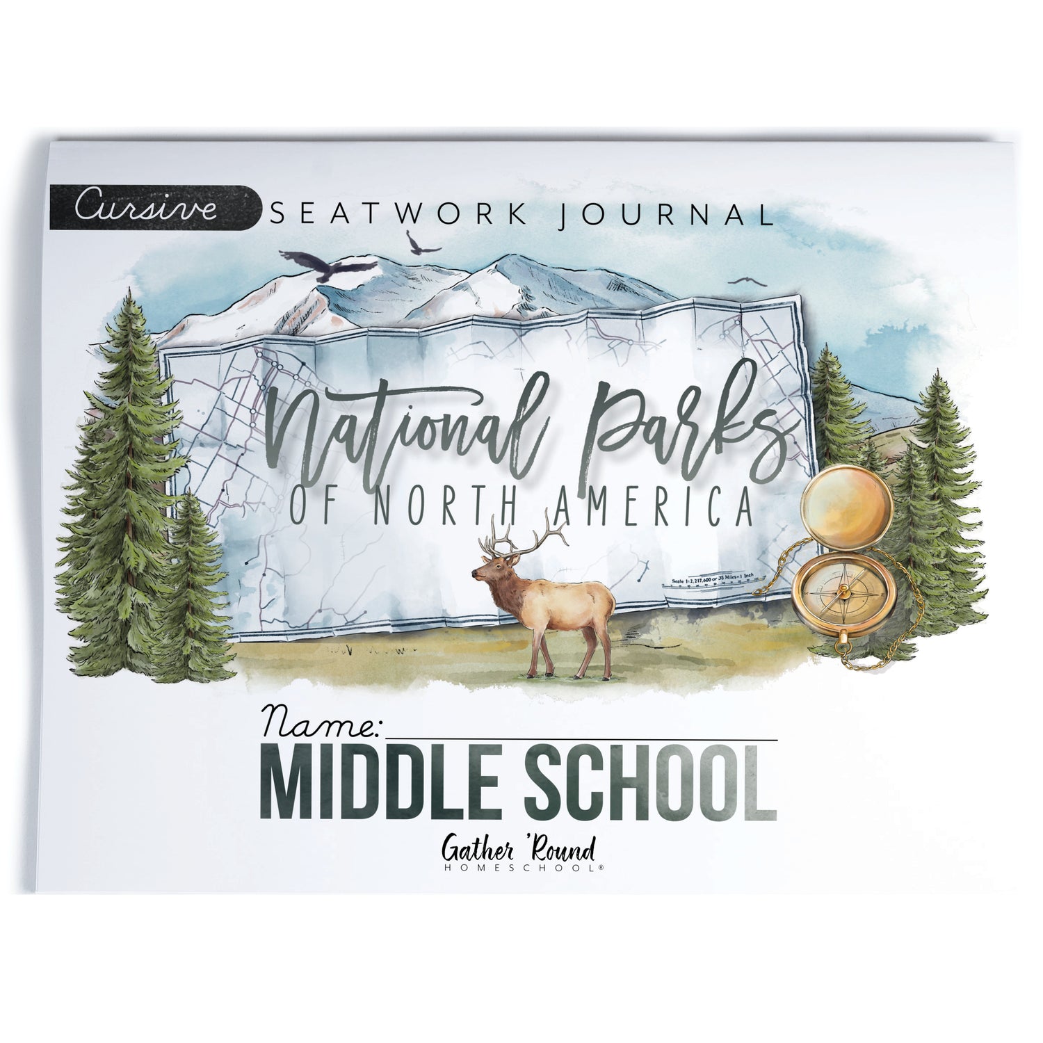 National Parks of North America homeschool unit study printed student seatwork journal in cursive for Middle School