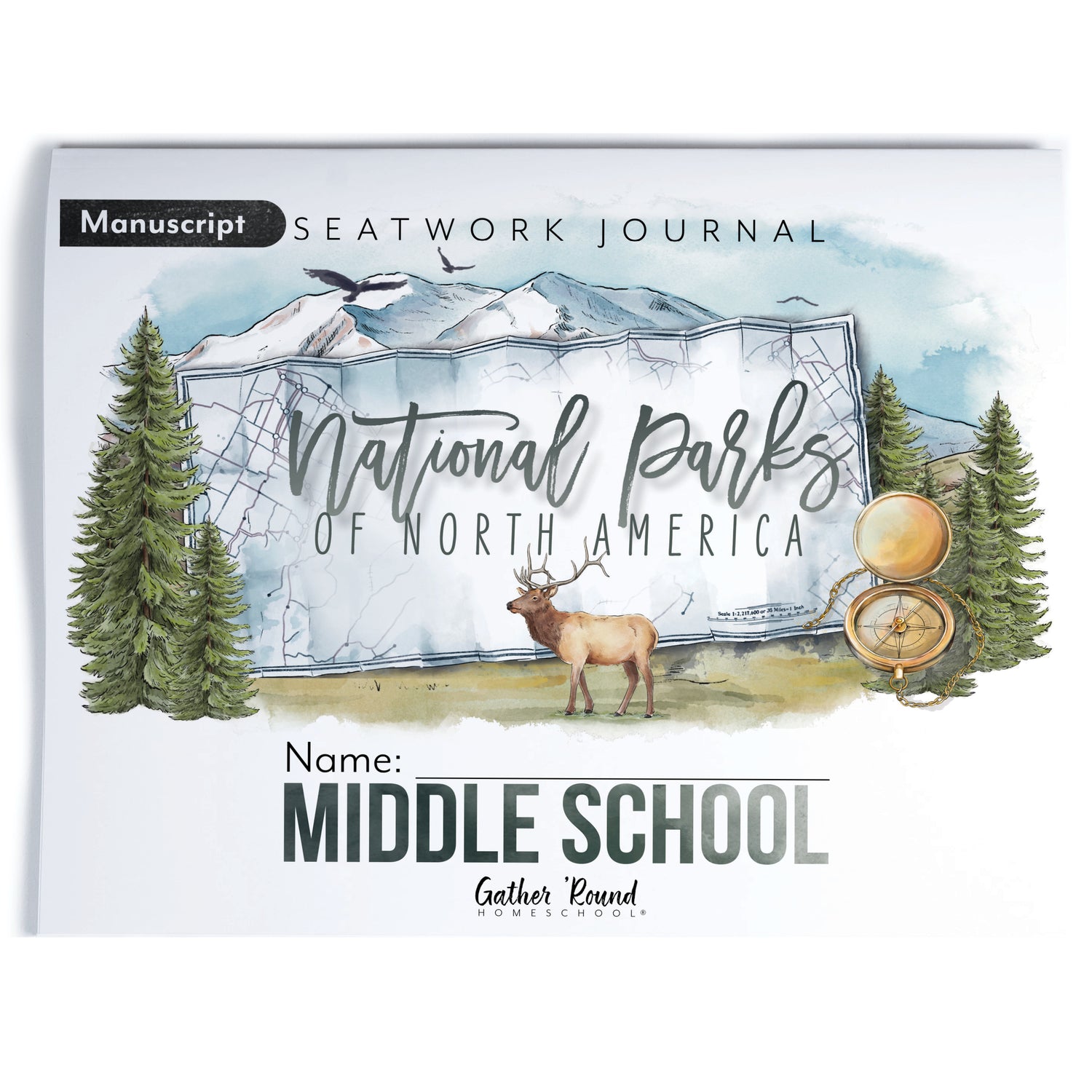 National Parks of North America homeschool unit study printed student seatwork journal in manuscript for Middle School