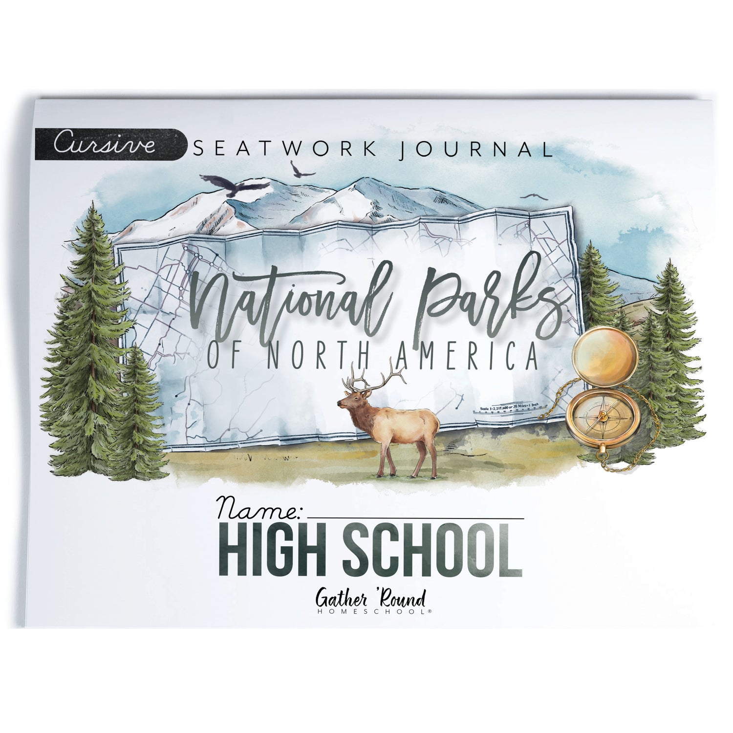 National Parks of North America homeschool unit study printed student seatwork journal in cursive for High School