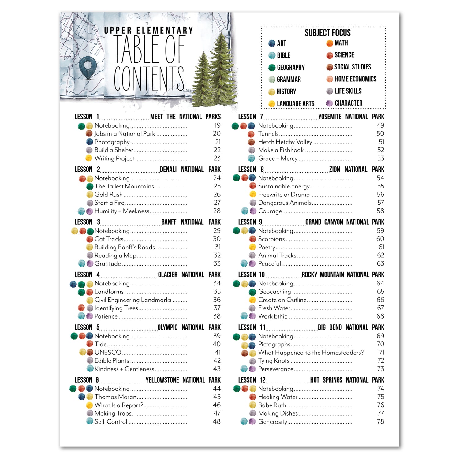 National Parks of North America homeschool unit study printed student workbook table of contents for upper elementary with Teacher's Guide  part one