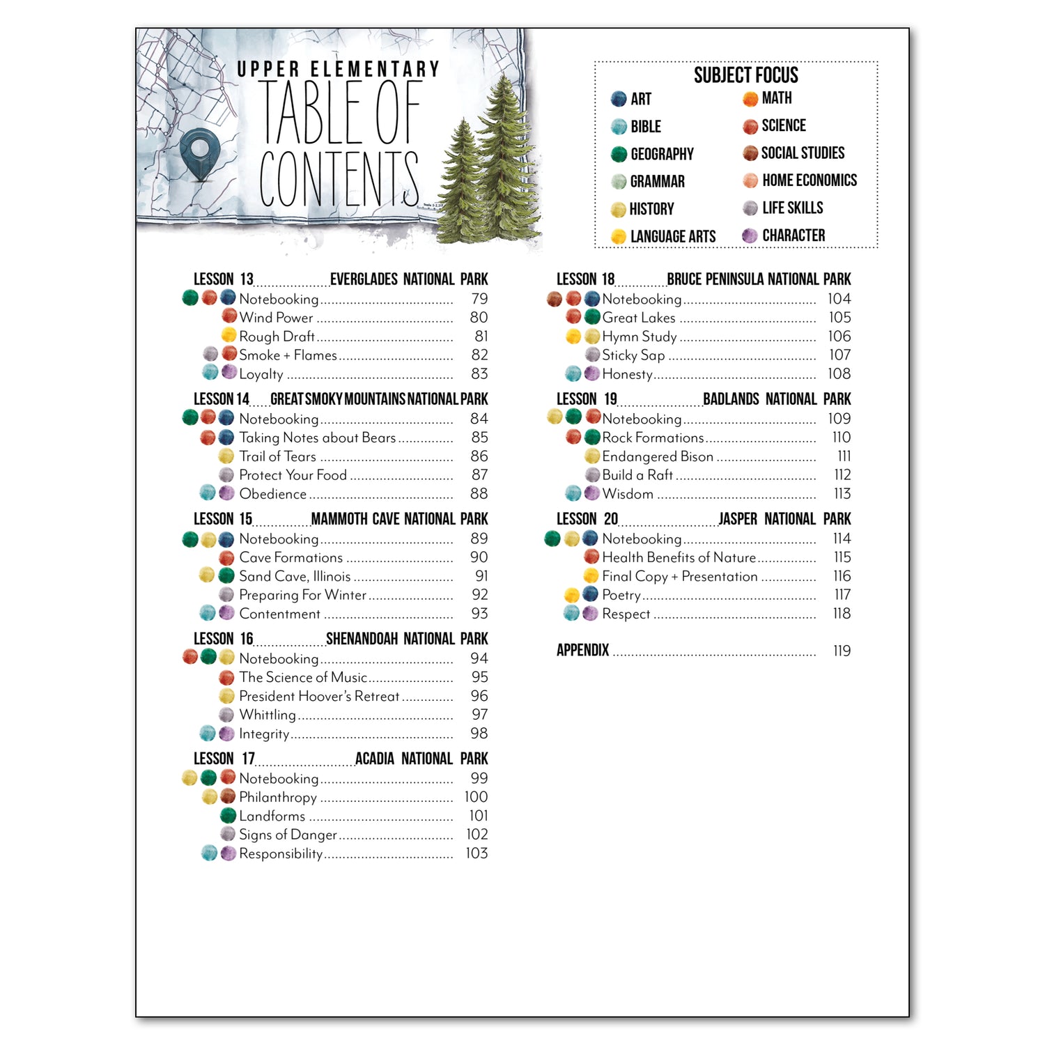 National Parks of North America homeschool unit study printed student workbook table of contents for upper elementary with Teacher's Guide  part two