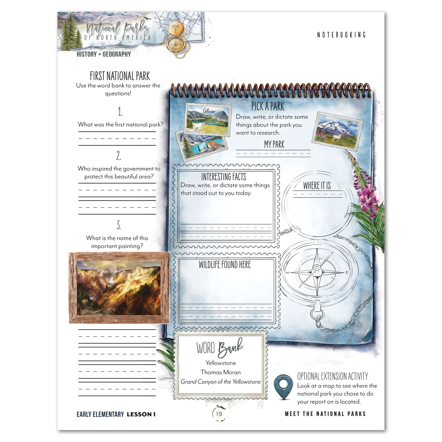 National Parks of North America homeschool unit study printed student workbook for early elementary with Teacher's Guide  lesson one