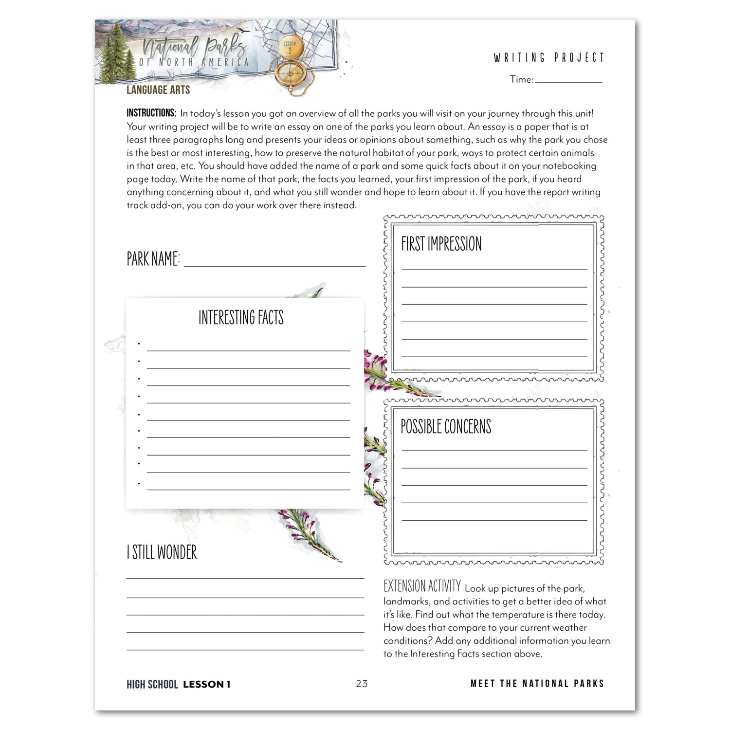 National Parks of North America homeschool unit study printed student workbook for high school with Teacher's Guide bundle lesson one