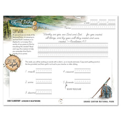 National Parks of North America homeschool unit study printed student seatwork journal in cursive for Early Elementary lesson one
