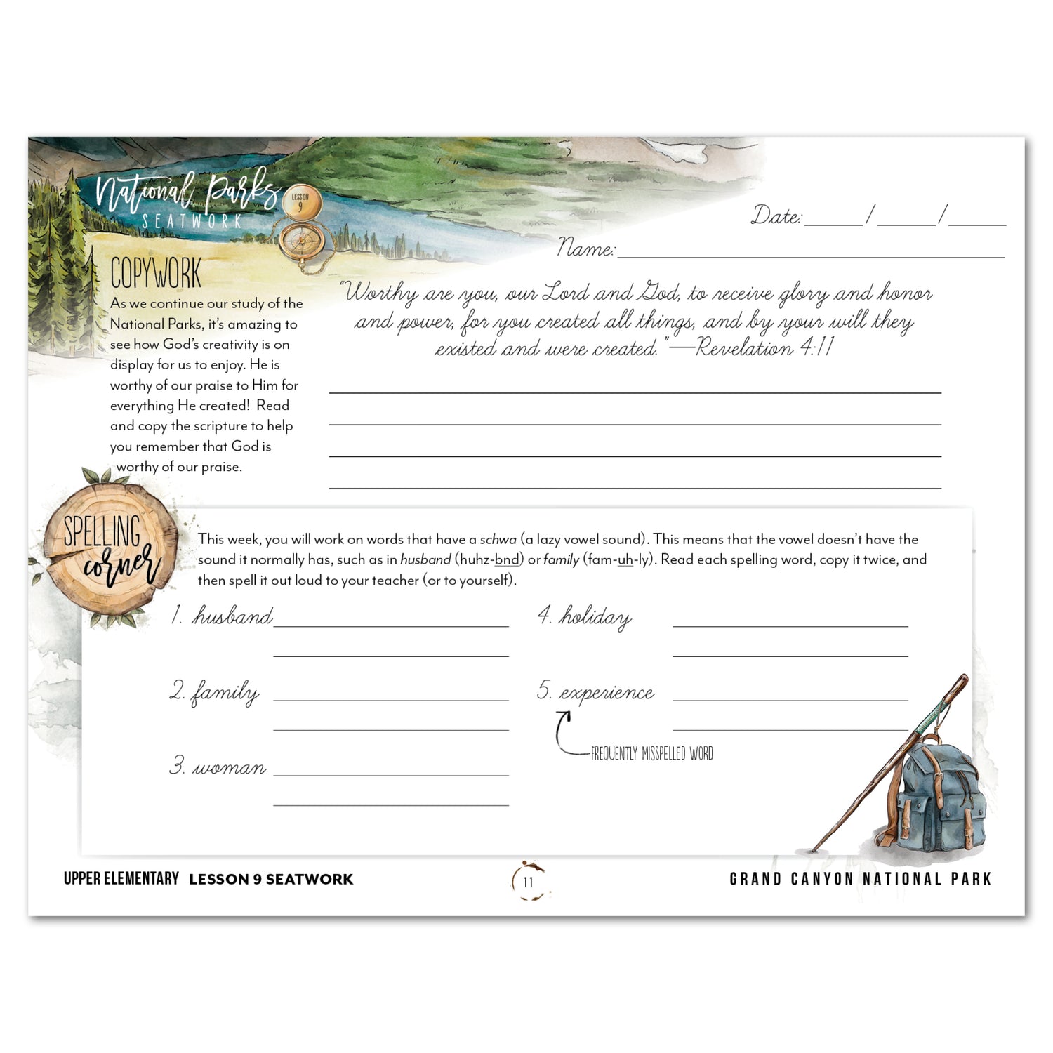 National Parks of North America homeschool unit study printed student seatwork journal in cursive for Upper Elementary lesson one