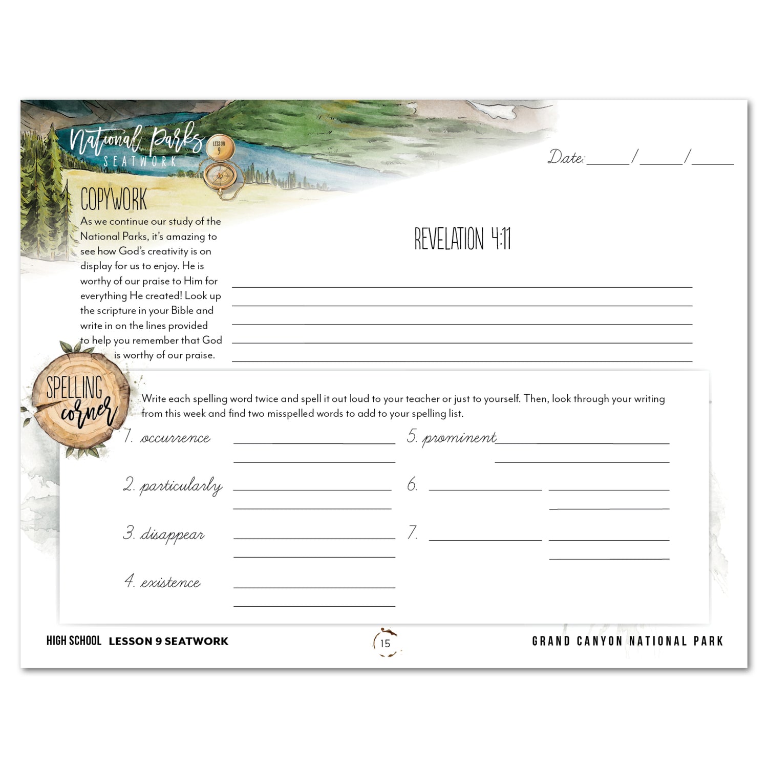 National Parks of North America homeschool unit study printed student seatwork journal in cursive for High School lesson one