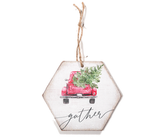 First Christmas wooden ornament with red truck and tree with the word gather 