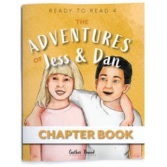 Book cover of 'The Adventures of Jess & Dan' with illustrations of two children on a yellow background.