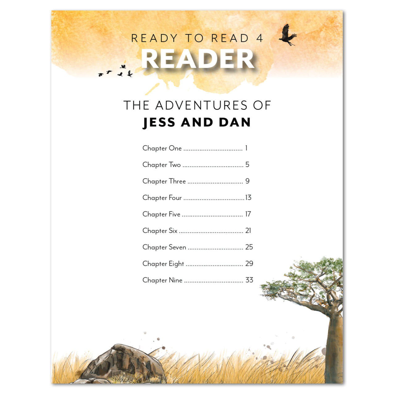 Booklist cover titled 'The Adventures of Jess and Dan' with chapter headings and illustrations of a bird, tree, and rock.