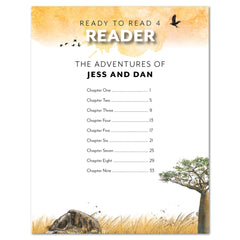 Booklist cover titled 'The Adventures of Jess and Dan' with chapter headings and illustrations of a bird, tree, and rock.