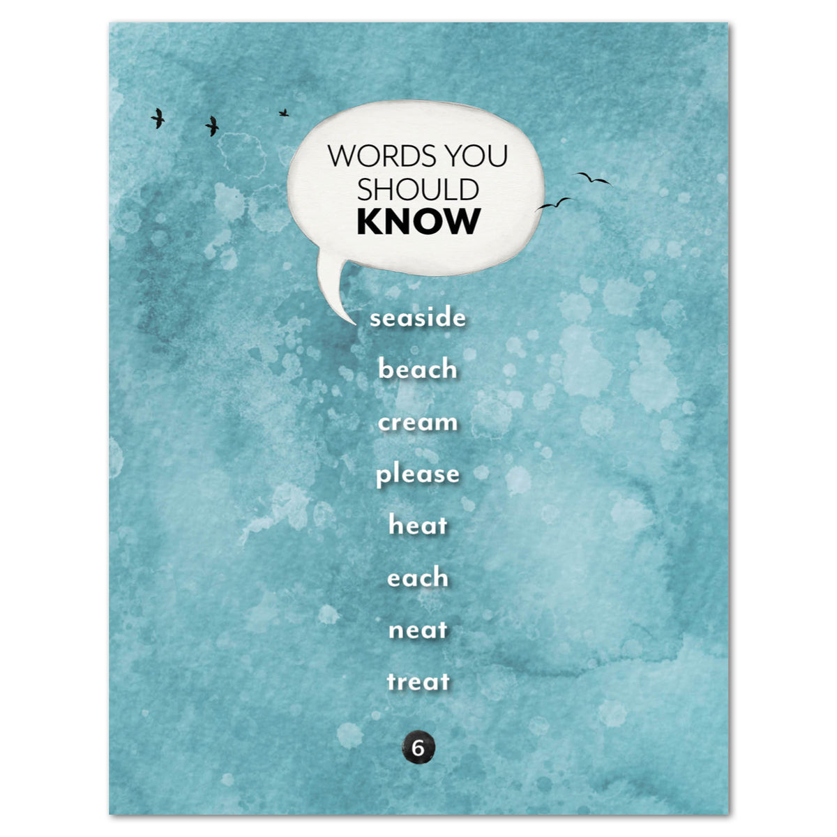 Blue background with a speech bubble containing text and then a list of words.