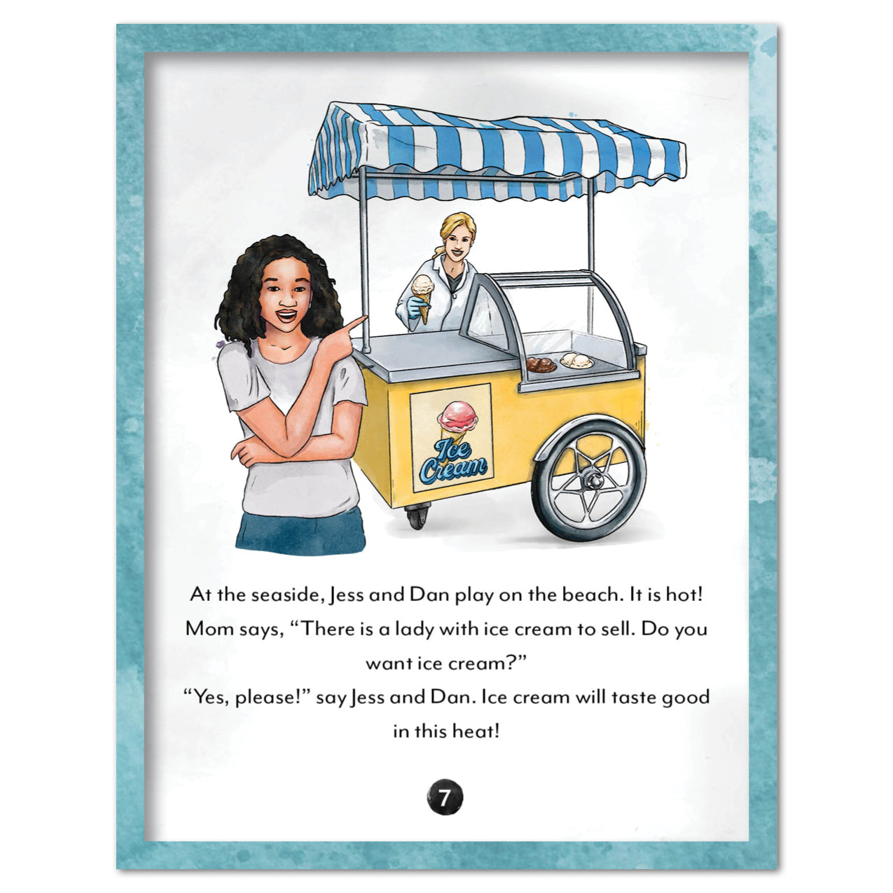 Illustration of person by an ice cream cart with text. 