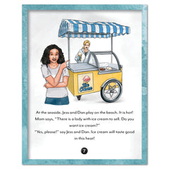 Illustration of person by an ice cream cart with text. 
