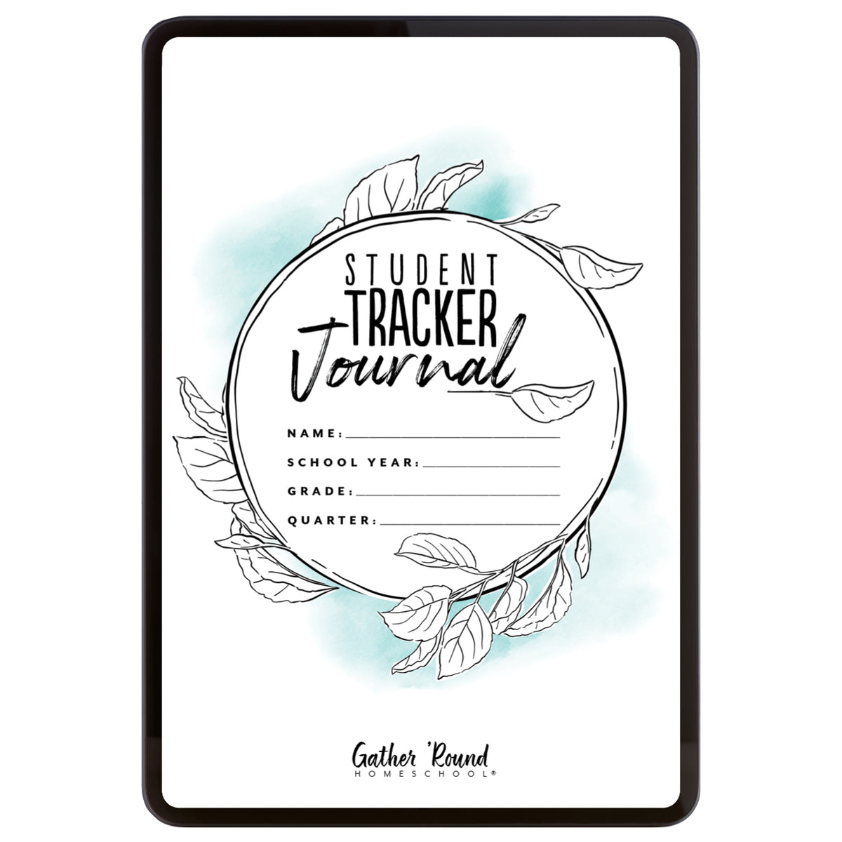 Digital cover for Student Tracker Journal decorated with circle graphic and leaf illustrations. 