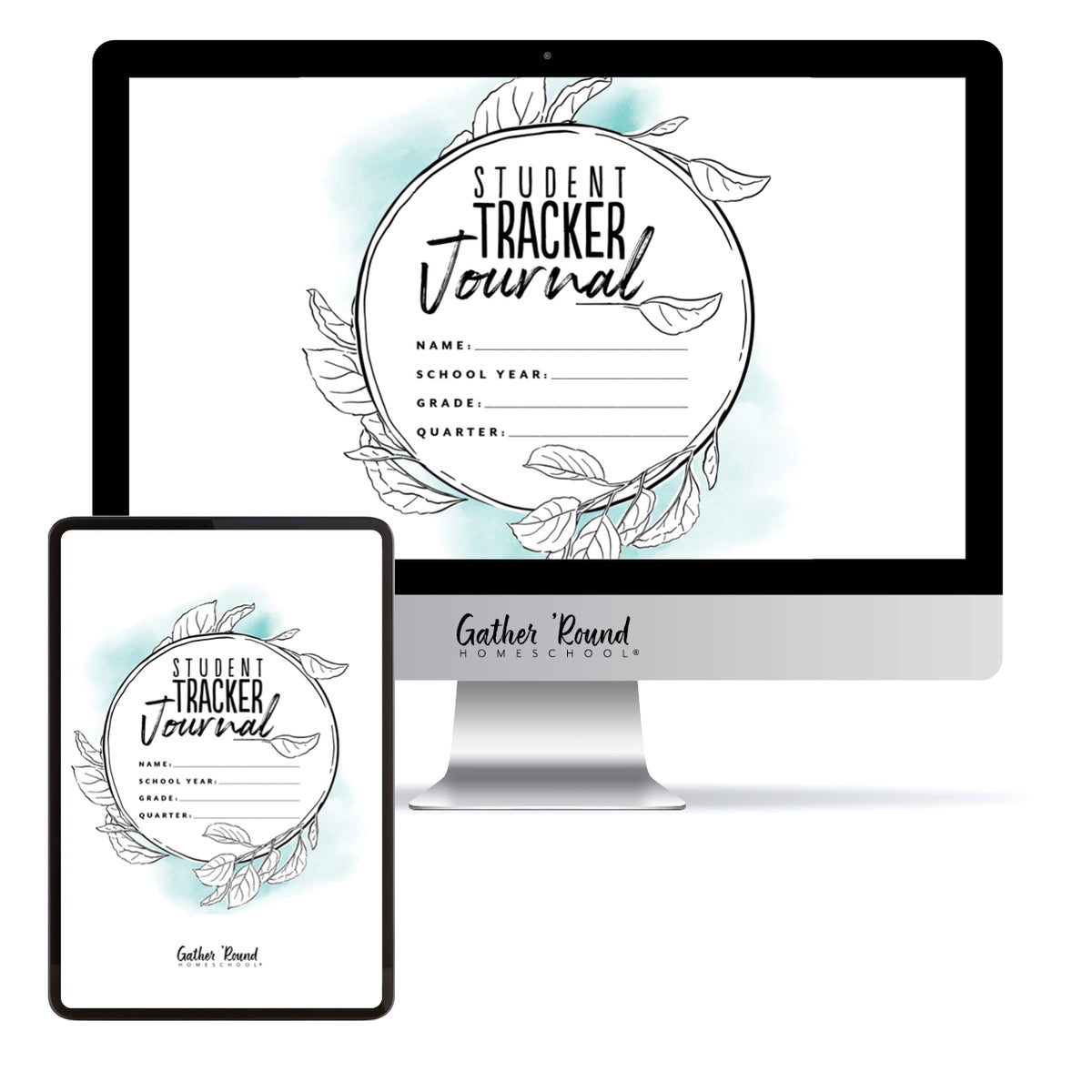 A digital mockup showing a 'Student Tracker Journal' template displayed on a desktop computer monitor and a tablet screen. The design features a white background with a light blue watercolor wash, black hand-drawn leaf illustrations, and black text.