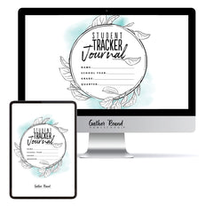 A digital mockup showing a 'Student Tracker Journal' template displayed on a desktop computer monitor and a tablet screen. The design features a white background with a light blue watercolor wash, black hand-drawn leaf illustrations, and black text.