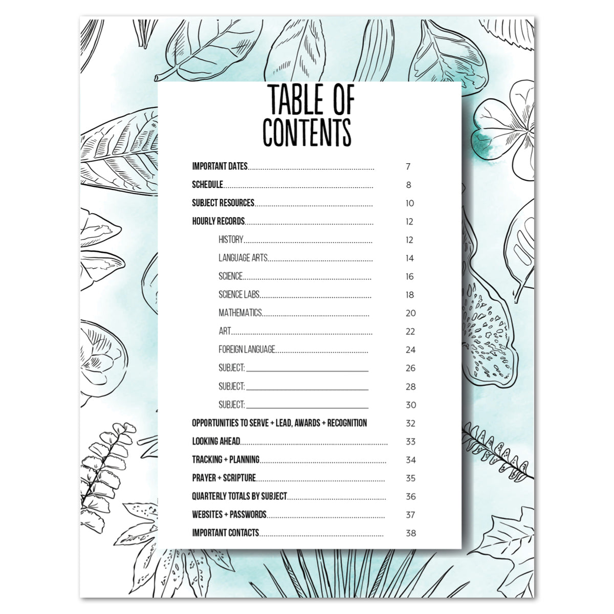 A printed table of contents sheet with black text on a white background, placed over a decorative floral backdrop with light blue and white botanical illustrations.