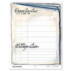 A student record journal page with a watercolor-style blue and beige border, featuring sections for 'Opportunities to Serve & Lead' and 'Recognition' with blank lines for writing.