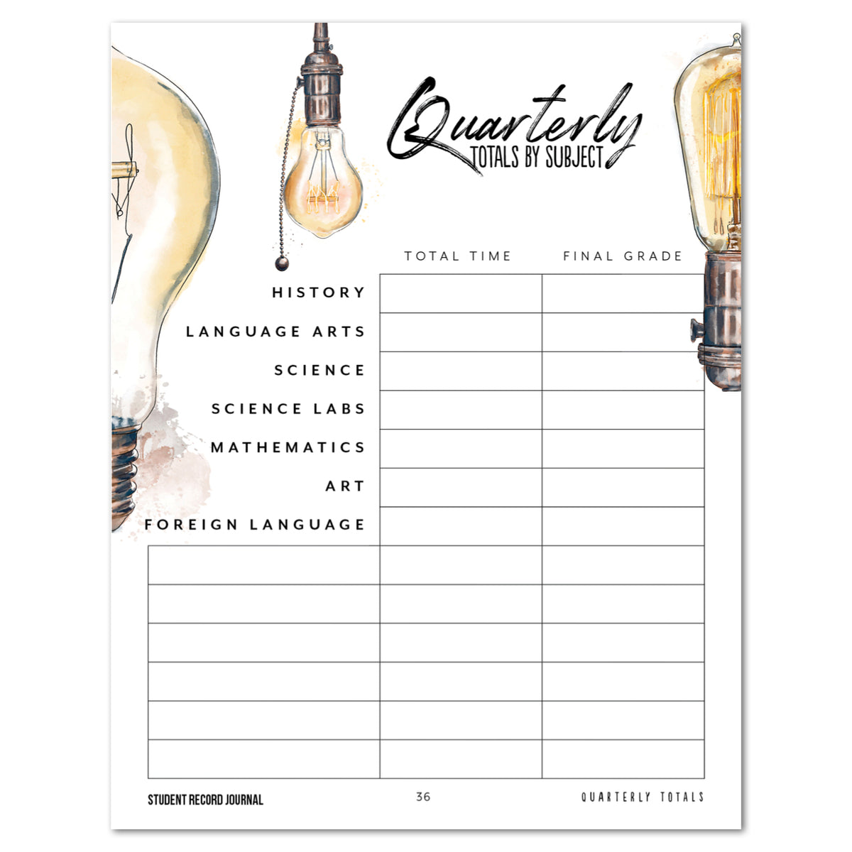 A student record journal page titled 'Quarterly Totals by Subject' with watercolor-style light bulbs on the left and right sides, a subject list including history, language arts, science, science labs, mathematics, art, and foreign language, and columns for total time and final grade.