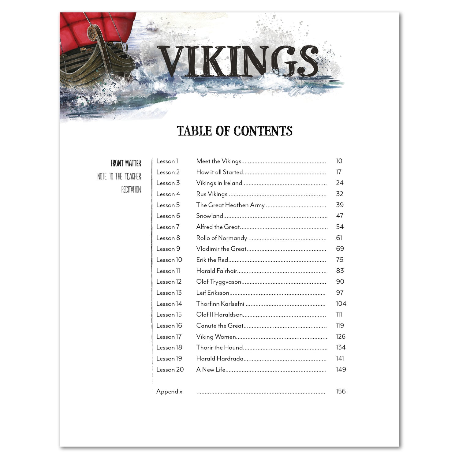 Vikings Homeschool Unit Study Printed Teacher's Guide Table of Contents