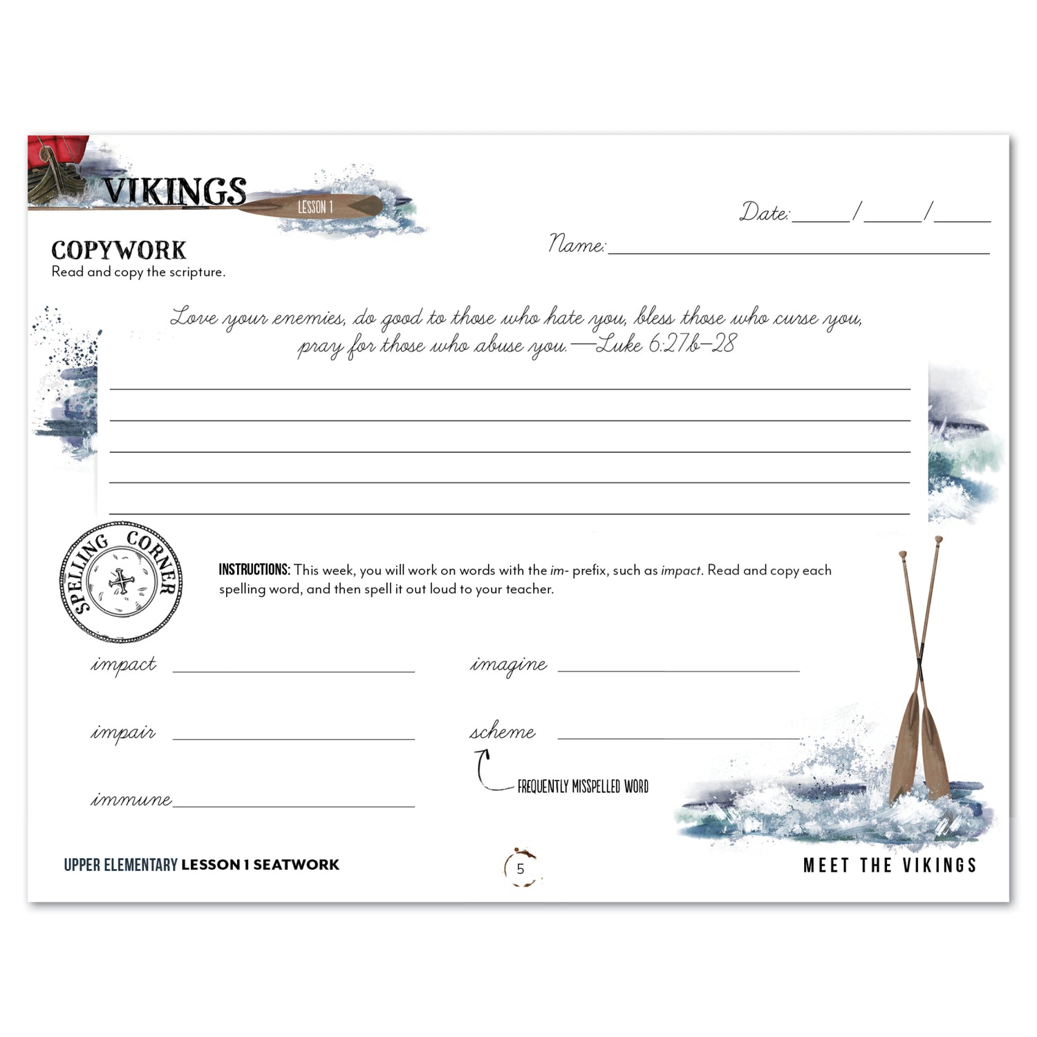 Vikings Homeschool Unit Study Printed Seatwork Journal Manuscript Upper Elementary Copywork and Spelling