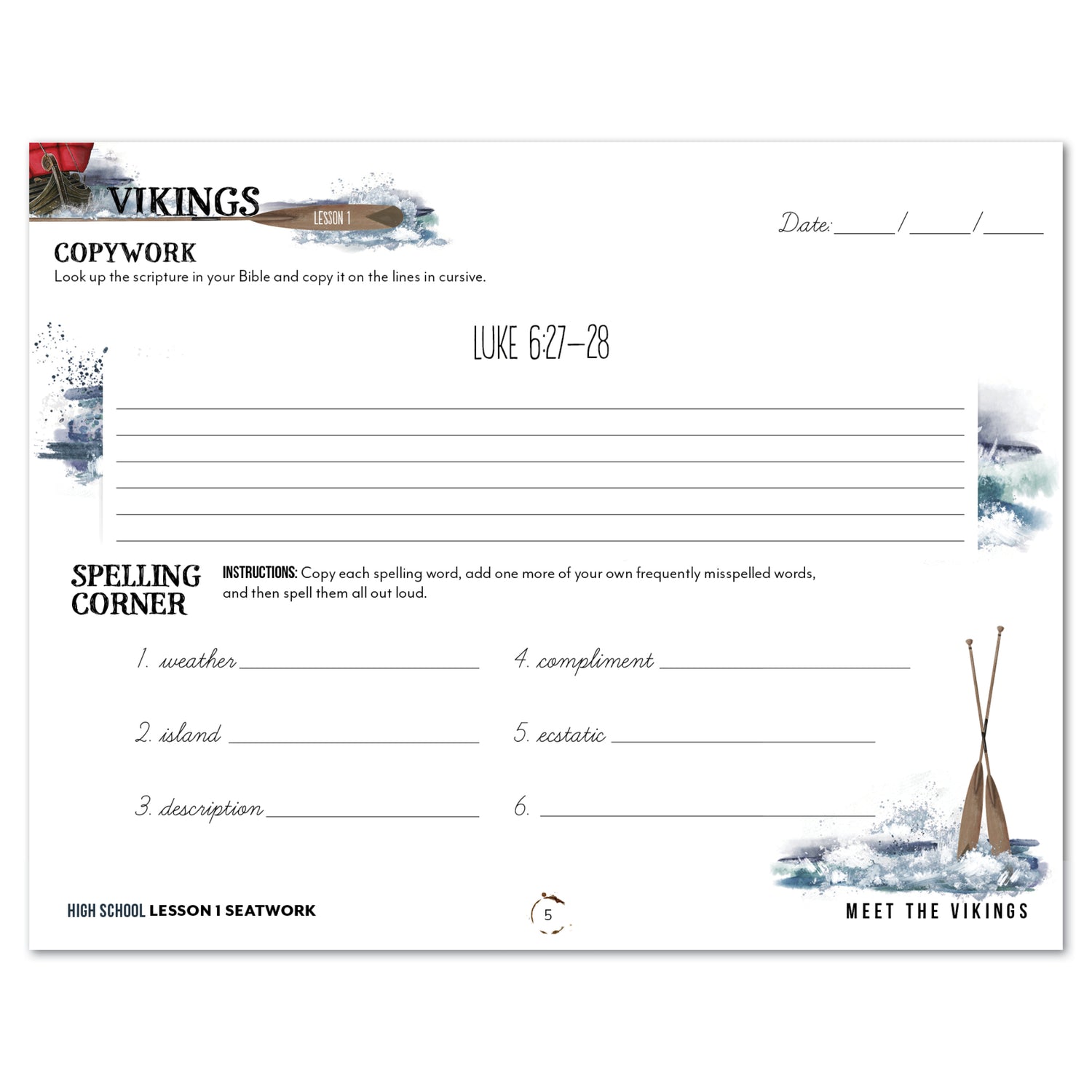 Vikings Homeschool Unit Study Printed Seatwork Journal Cursive High School Lesson 1 Copywork and Spelling
