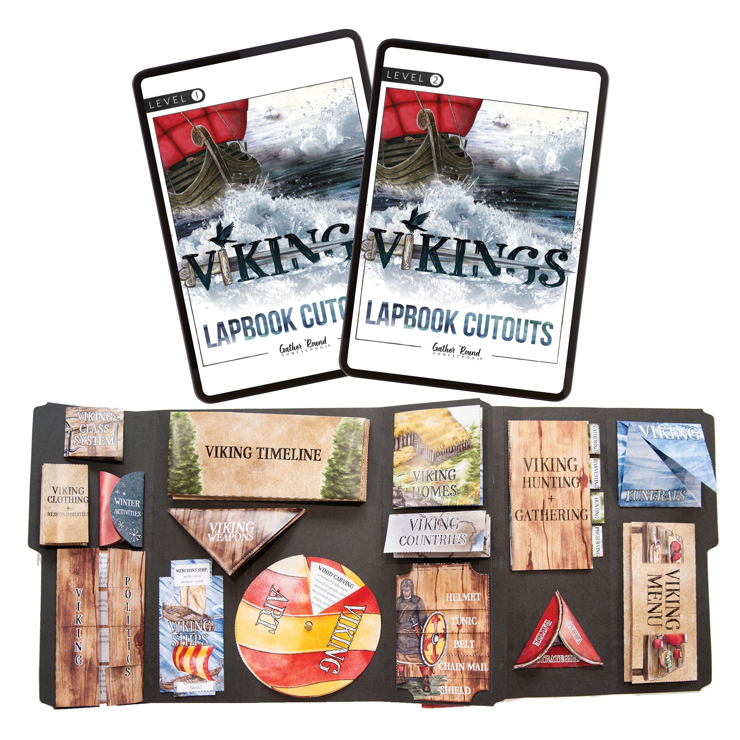 Vikings Homeschool Unit Study Digital Lapbook Level 1 and Level 1 Cutouts and Finished Lapbook Picture