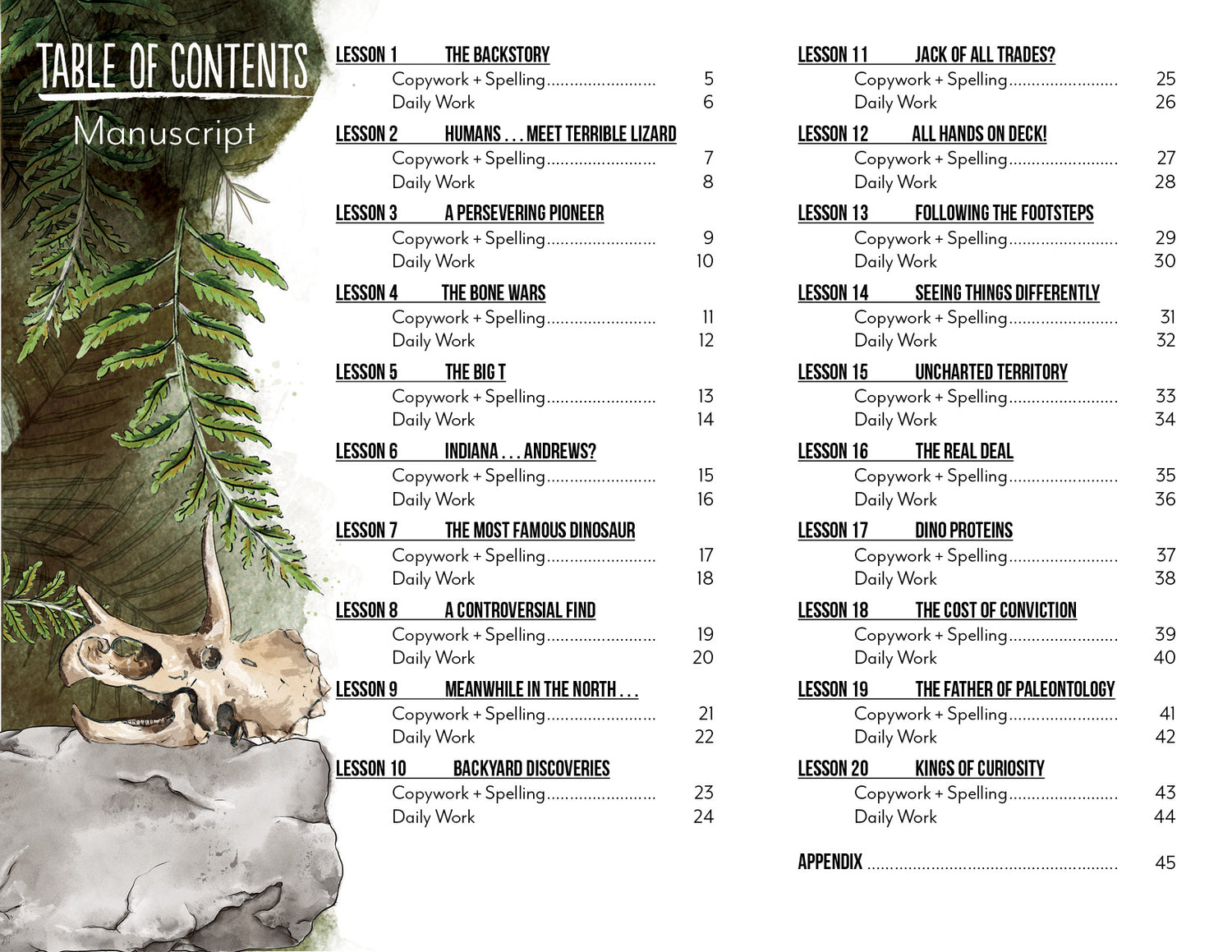Dinosaurs Homeschool Unit Study Printed Seatwork Journal Manuscript Table of Contents