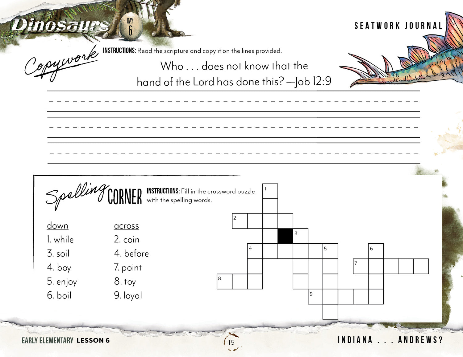 Dinosaurs Homeschool Unit Study Printed Seatwork Journal Manuscript Eary Elementary Lesson 6 Copywork and Spelling