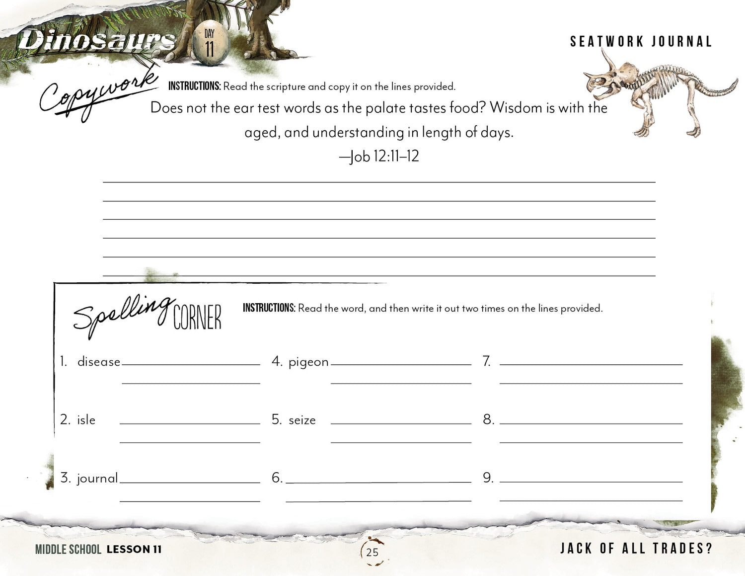 Dinosaurs Homeschool Unit Study Printed Seatwork Journal Manuscript Middle School Lesson 11 Copywork and Spelling