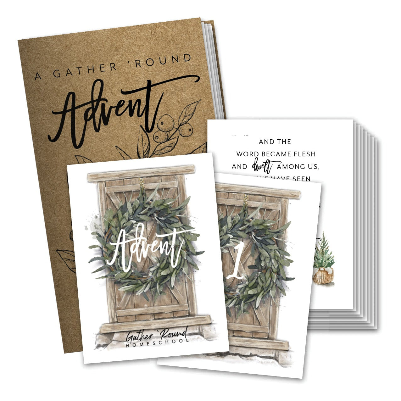 A set of beautifully designed advent cards with rustic, hand-painted doors and corresponding scripture verses for each day, tied with twine. Also included is a kraft-covered journal with devotional readings.