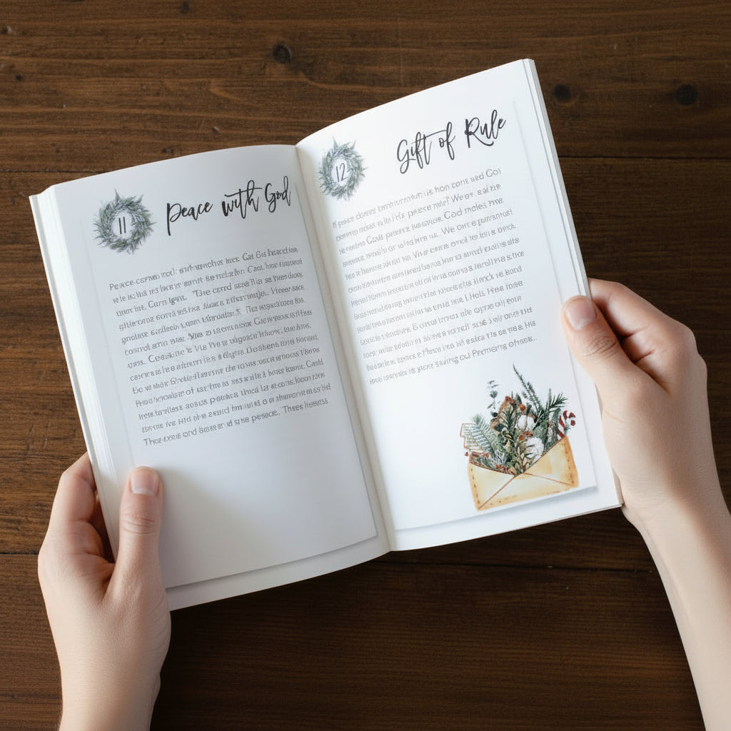 Advent calendar Peace with God and Gift of Rule on wooden table 