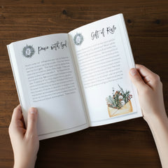 Advent calendar Peace with God and Gift of Rule on wooden table 